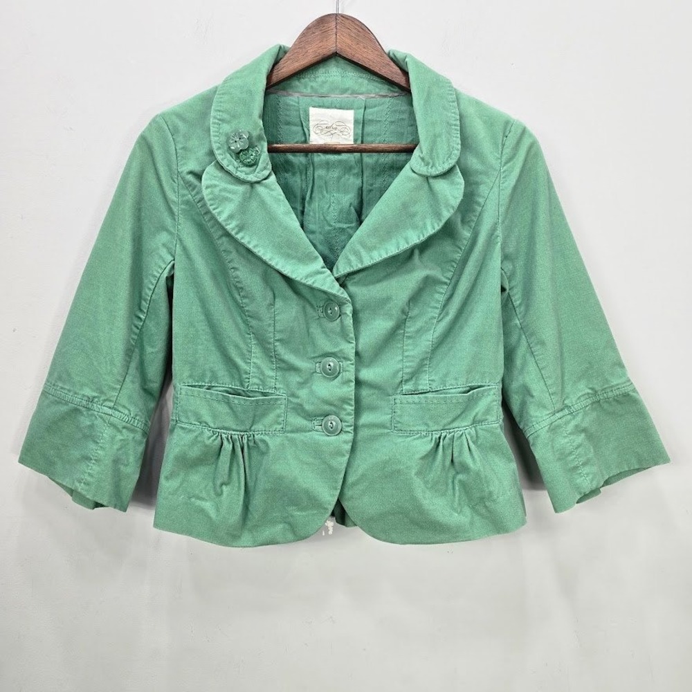 Vtg 90s Y2K Cidra Blazer Jacket 2 S Green Cropped‎ 3/4 Sleeves Fairy Coquette